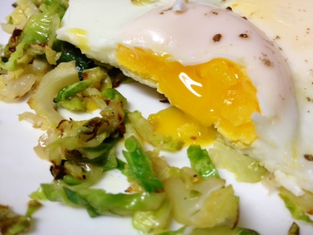 basted eggs with brussels sprouts