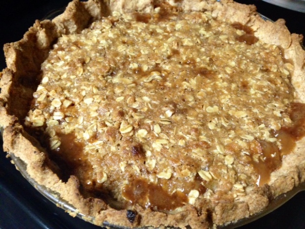 caramel pear pie oat crumble baked