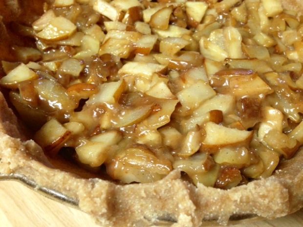 caramel pear pie oat crumble pears in crust closeup