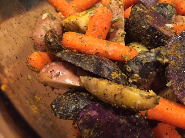 roasted carrots & potatoes with turmeric spices coated