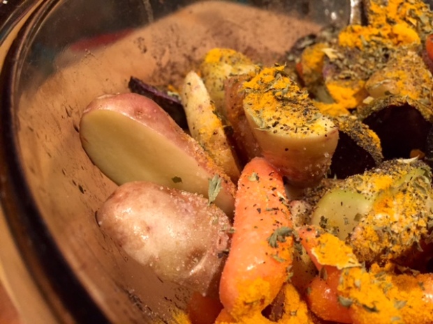 roasted carrots & potatoes with turmeric veggies with spices